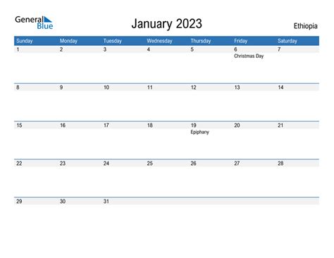 January 2023 Calendar With Ethiopia Holidays