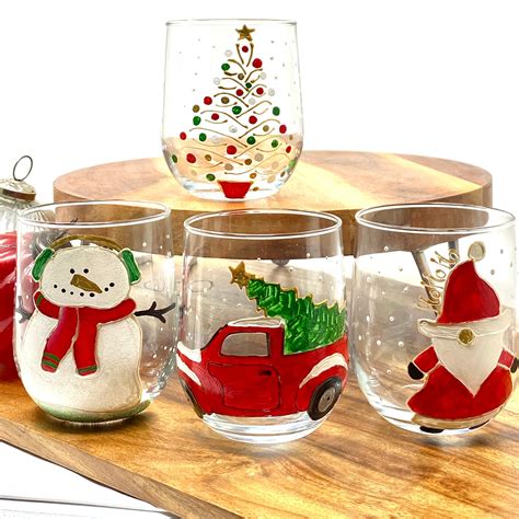Christmas Glassware Set Of 4 Hand Painted Wine Glasses For The Holidays Santa Christmas Tree