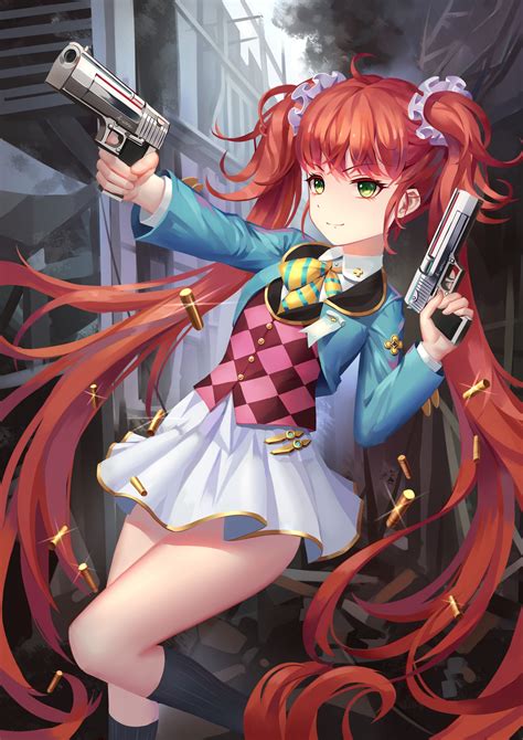 Wallpaper Illustration Gun Redhead Long Hair Anime Girls Green