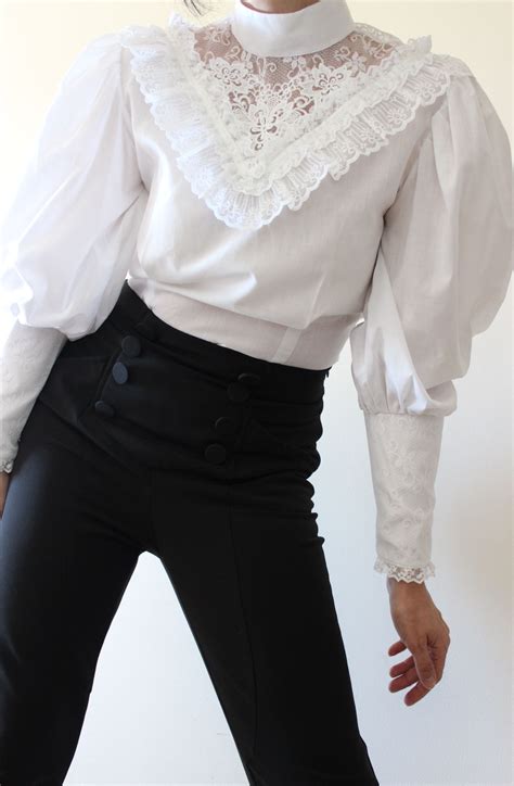 Vintage Embroidered Edwardian Style Blouse With Lace Front High Neck