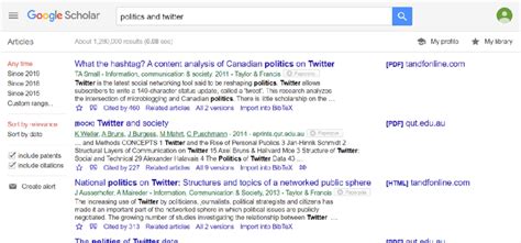 Google scholar is a simple way to search for scholarly literature on your topic. Output of Google Scholar search of "politics and twitter ...