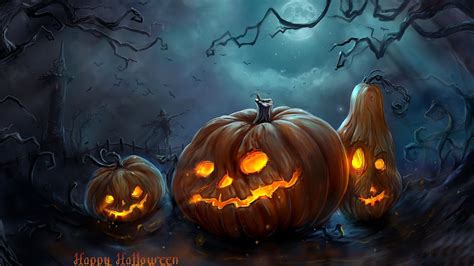 Pumpkins Horrible Faces Dark Sky Background Hd Halloween Wallpapers