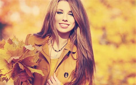 1920x1200 Girl Brunette Hair Smile Fall Leaves Wallpaper