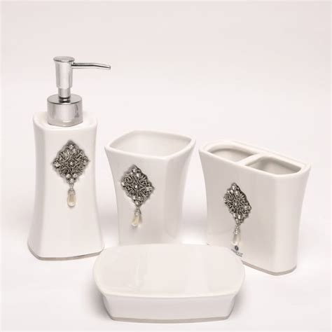 Jewel White Boutique Faux Jewel Ceramic Bath Accessory 4 Piece Set