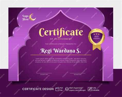 Premium Psd Islamic Certificate Template Purple Certificate Of