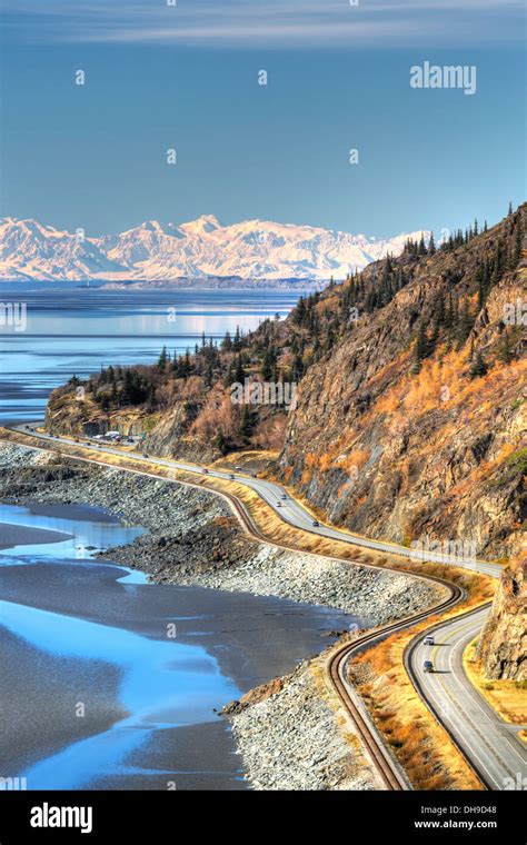 Traffic On The Seward Highway Along Turnagain Arm The Snow Covered