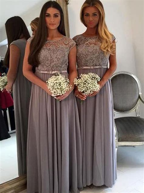 Long Grey Lace Bridesmaid Dress Cap Sleeve Bridesmaid Dress Modest