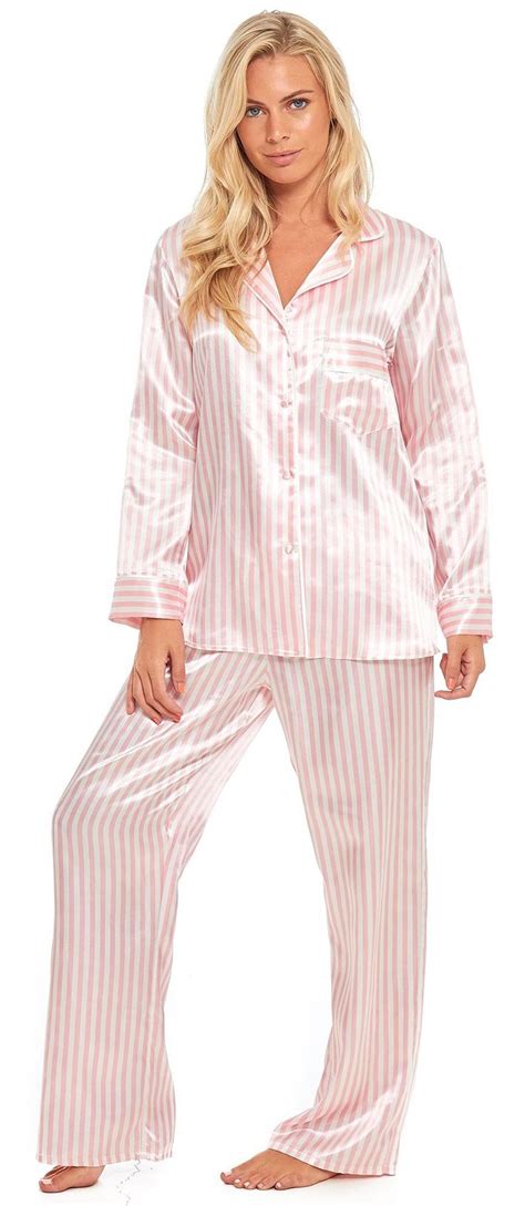 Ladies Candy Pink Stripe Traditional Satin Pyjamas Satin Pajamas