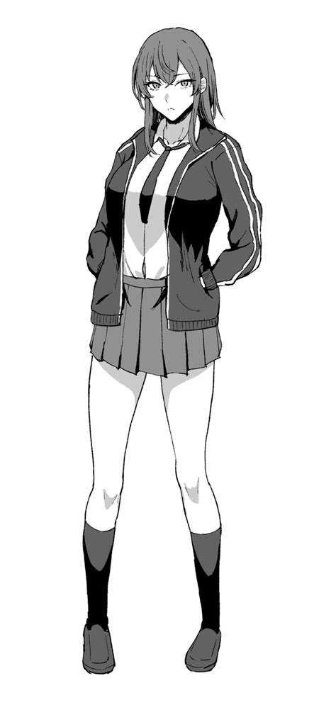 Safebooru 1girl Breasts Commentary Request Frown Full Body Greyscale Hands In Pockets Highres