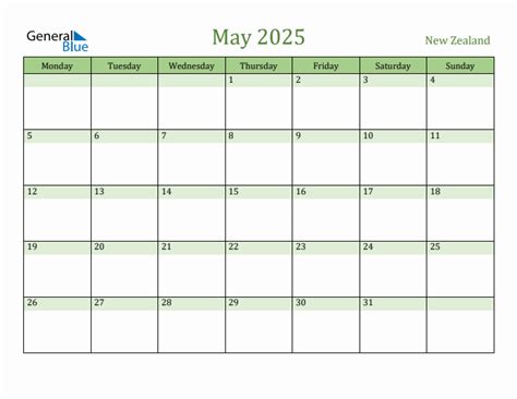May 2025 New Zealand Monthly Calendar With Holidays
