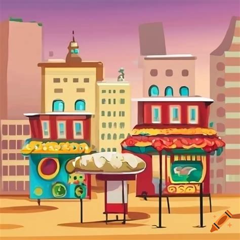 Cartoon City Street With African Street Food