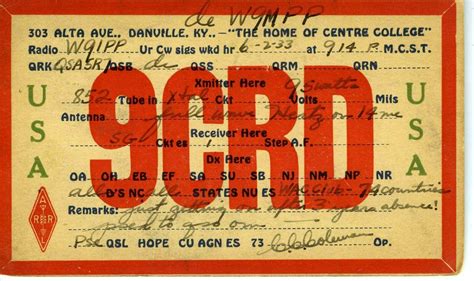 1933 Ham Amateur Radio Qsl Card 9crd Centre College Danville Ky 3844532490