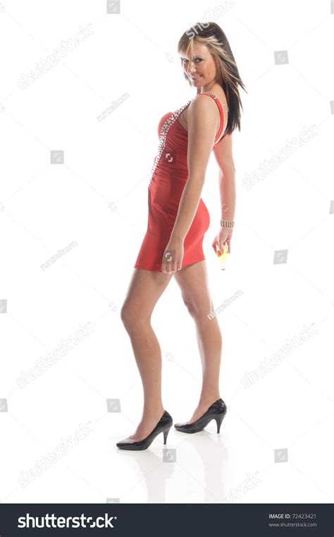 Sexy Brunette Partygirl In Red Minidress Dancing Isolated On White