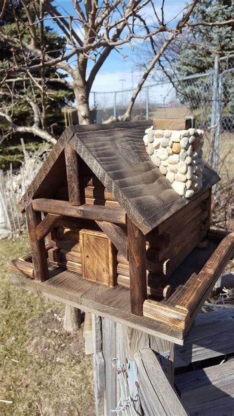 Bird Feeder Log Cabin Style With Stone Chimney Etsy Unique Bird