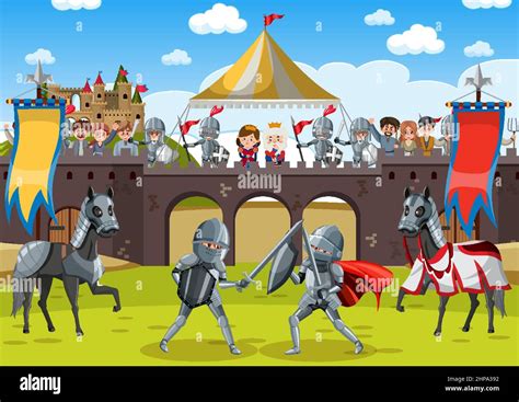 Medieval Knight Jousting Tournament Scene Illustration Stock Vector
