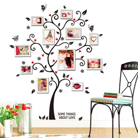Kreatif Chic Keluarga Bingkai Foto Pohon Kupu Kupu Bunga Hati Murales Wall Sticker Living Room