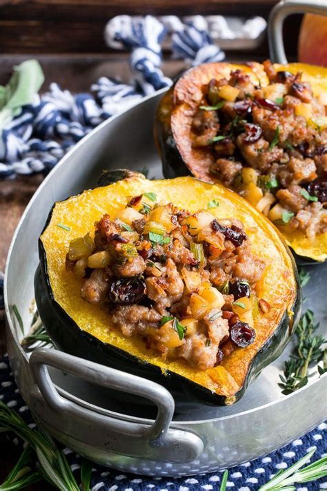 Roasted Stuffed Acorn Squash With Sausage Apples Cranberries Onions