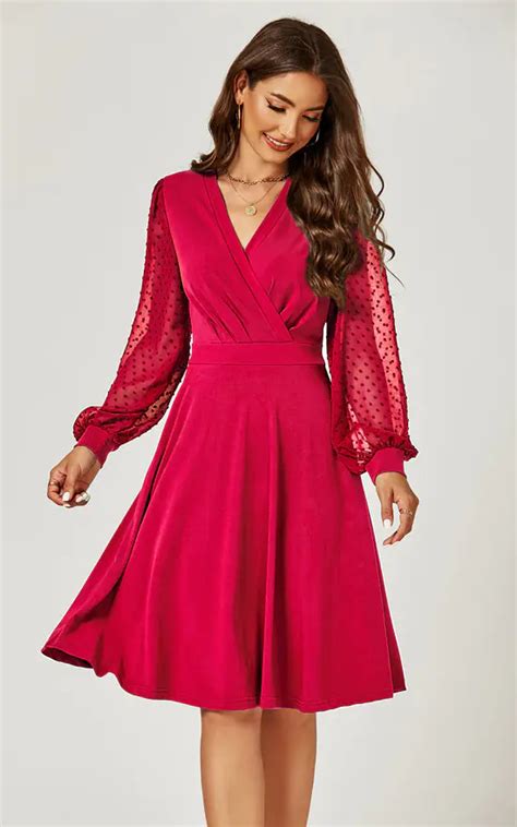 Long Wine Red Lace Sleeve Wrap Style Dress Silkfred Us