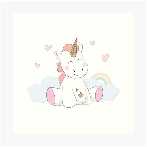 Cute Baby Unicorn With Rainbow Art Print By Blimpco Redbubble
