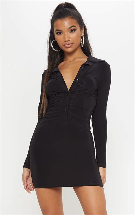 Black Slinky Shirt Dress Dresses Prettylittlething