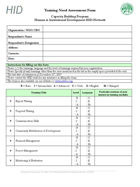 Training Need Assessment Form Pdf Processes Business