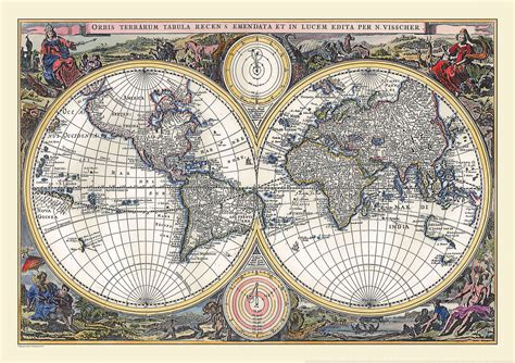Vintage Double Hemisphere World Map 1700