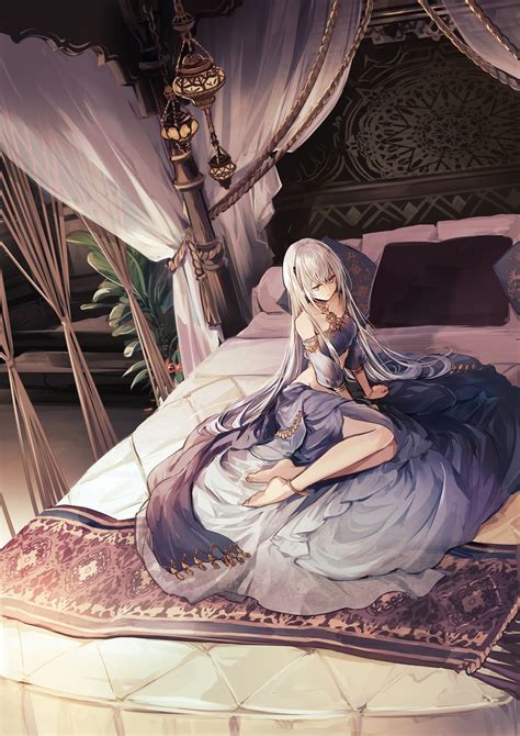 Wallpaper Illustration Long Hair Anime Girls Legs Bed Feet Gray Hair Gray Eyes Comics