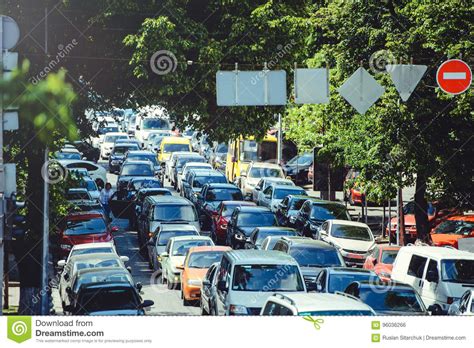 Road Traffic Congestion On A City Road A Car With A High Load