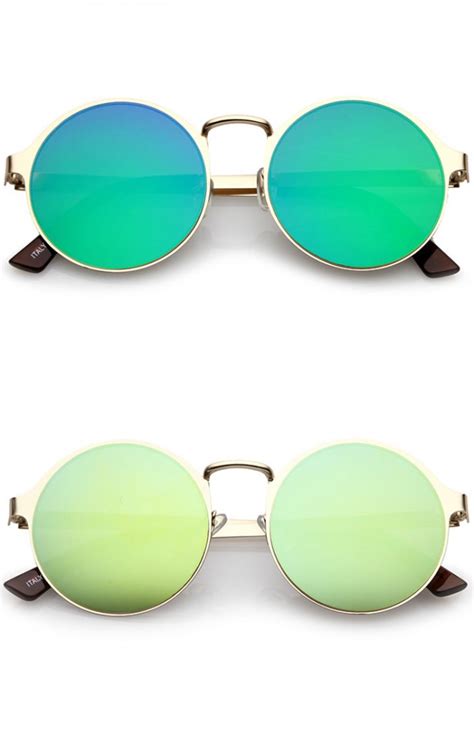 Modern Metal Slim Arms Colored Mirror Flat Lens Round Sunglasses 51mm