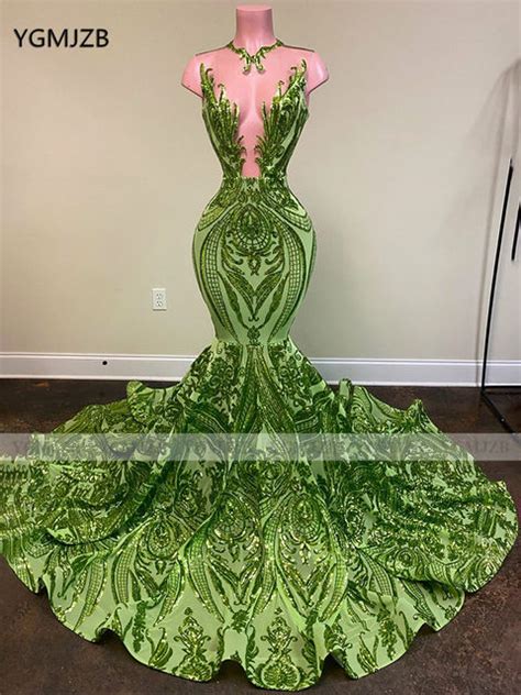 Green Sparkly Sequin Lace Mermaid Long Prom Dresses 2020 Sexy See