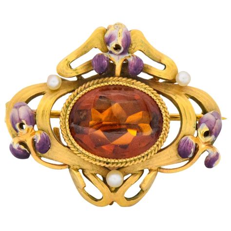 Krementz Art Nouveau Citrine Enamel Pearl 14 Karat Gold Pendant Or