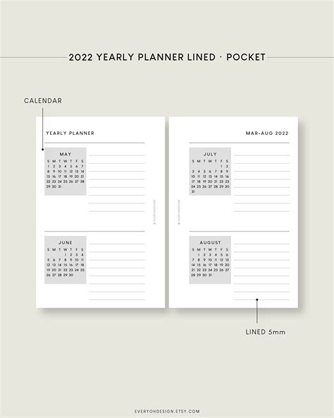2022 Yearly Planner Pocket Printable Inserts Dated Calendar Etsy