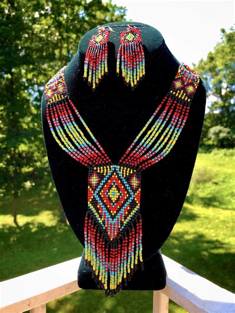 Native American Beaded Jewelry Set Necklace And Earrings Diamond