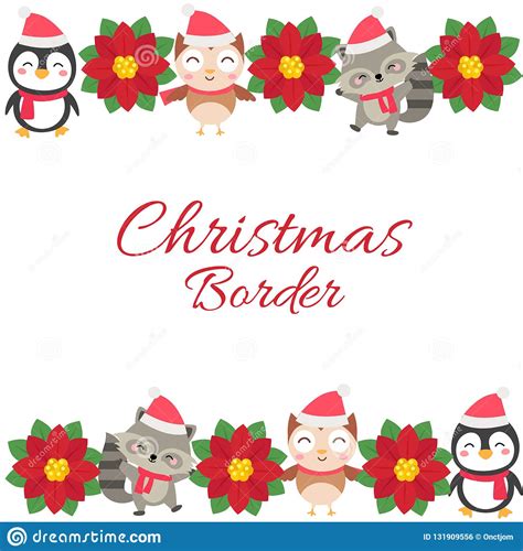 Cute Christmas Horizontal Border With Animal Cartoon Flat