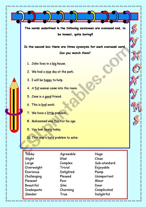 Synonyms - replace those boring words! - ESL worksheet by Nicola5052