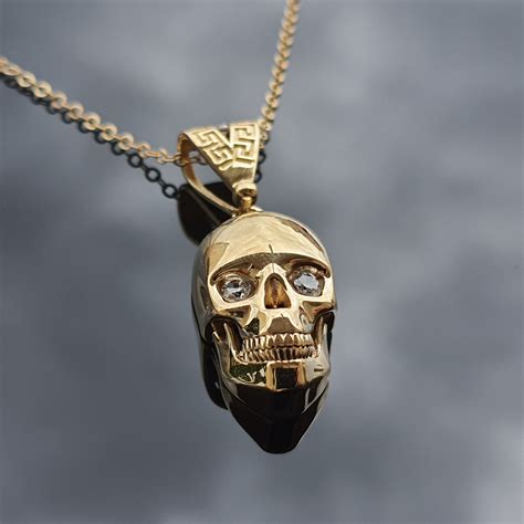14k Solid Gold Skull Charm Signet Skull Necklace Christmas Etsy