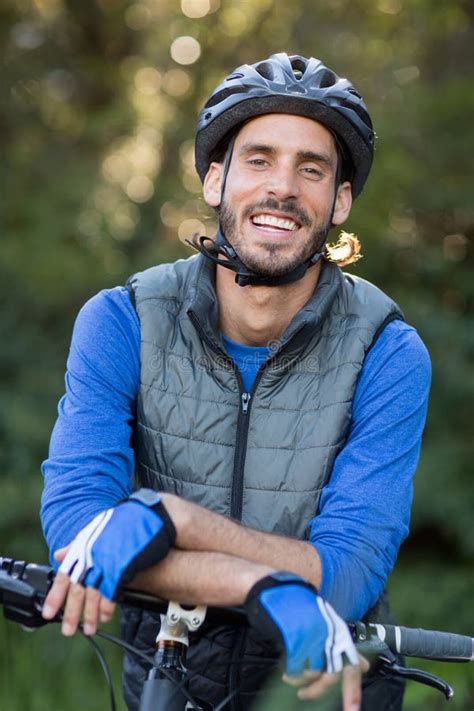 Portrait Of Male Biker With Mountain Bike Stock Image Image Of Biker