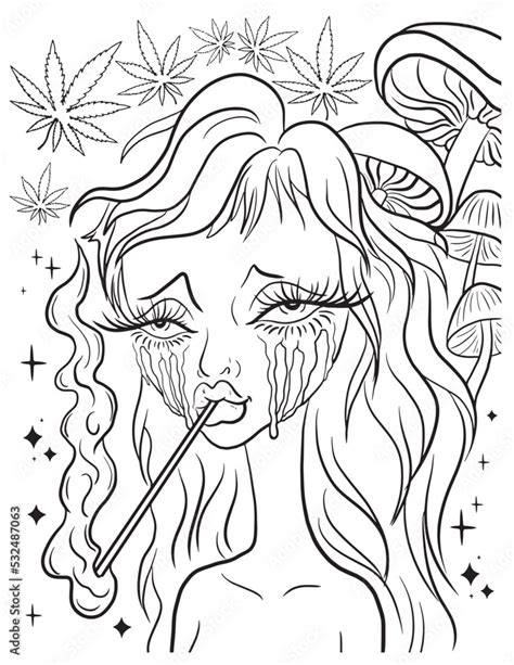 Beautiful Girl Smoking Cigarette Coloring Page Vector Coloring For