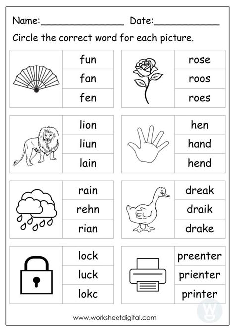 10 Printable Circle The Correct Word Spelling For Kindergarten