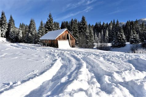Mountain Wooden Chalet Covered With Fresh Snow Stock Image Image Of