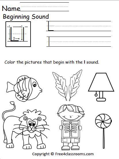 Our kindergarten writing worksheets offer both cursive and print letters. Free Beginning Sounds Worksheet - Letter L - Free4Classrooms