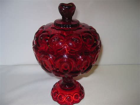 Vintage L E Smith Glass Ruby Red Moon And Stars Pedestal 10 Covered Compote Usa Red Glass