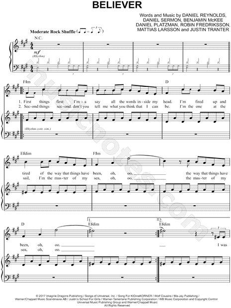 Imagine Dragons Believer Sheet Music In F Minor Transposable