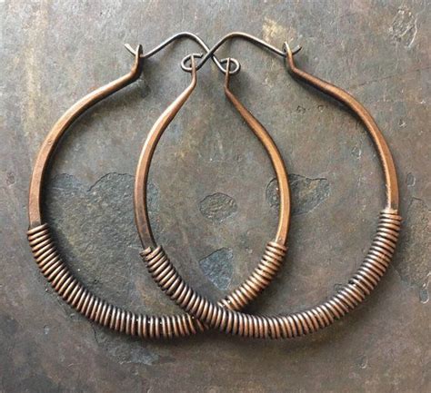 Copper Hoop Earrings Wire Wrap Hoops Copper Hoops Big Earrings Rustic