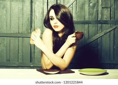 Sensual Attractive Topless Woman Long Brunette Stock Photo
