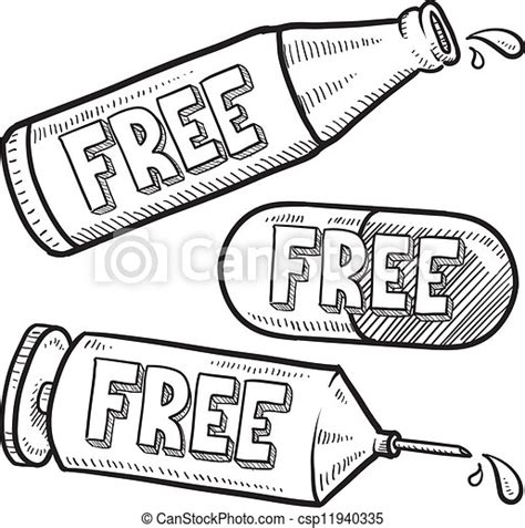 Vectors Of Drug And Alcohol Free Sketch Doodle Style Bottle Syringe