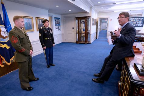 Defense Secretary Ash Carter Talks With Marine Corps Staff Sgt Seth B Densford The Office Of