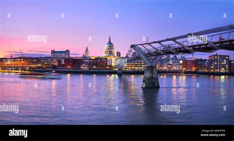 London At Sunset Millennium Bridge Leading Towards Illuminated St