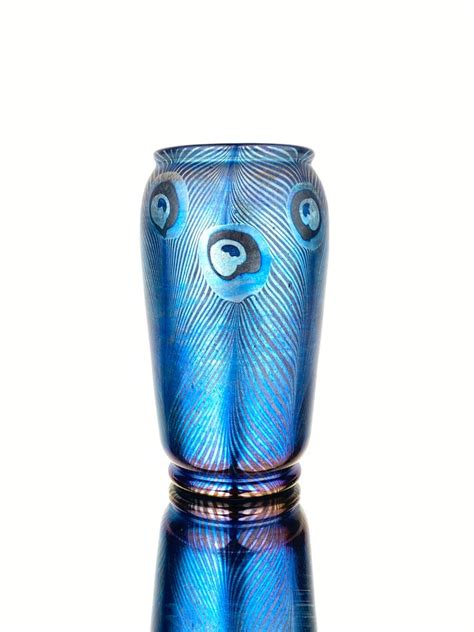 Hand blown very large glass peacock vase produced in 1905 by stuart & sons with folded rim and waisted middle. Art Nouveau Blown Glass Tiffany Favrile "Peacock" Vase by ...