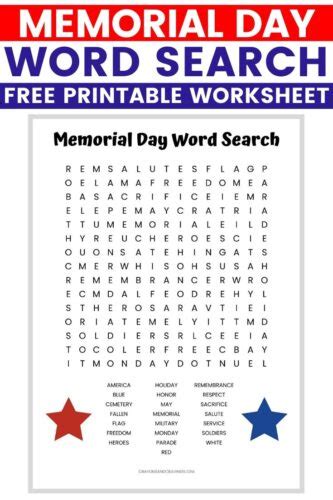 Memorial Day Word Search Free Printable Worksheet